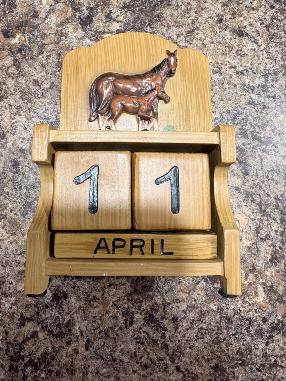 Wooden Perpetual Calendar with Horse Motif - Natural Brown